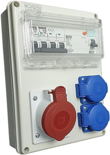 RoadEu - Baustromverteiler - CEE 16A Starkstrom Steckdose mit 2x Schuko Steckdosen - Wandverteiler 16A mit FI Schalter und LS C16A