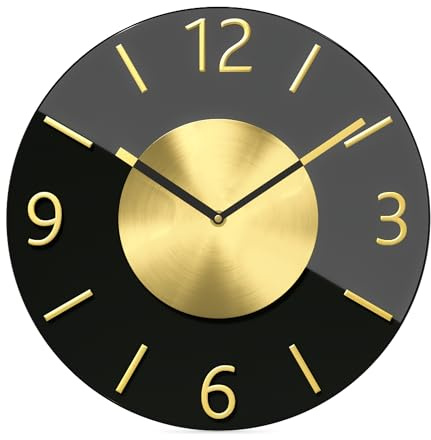 Quarzwanduhr, Leisegangwerk - Kein Tick-Tack Geräusch, präzises Quarzuhrwerk, Glas - hochwertig und elegant, 3D Aluminium Ziffern, Aluminium Zeiger, Farbe: Schwarz Gold, 32cm