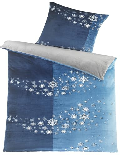KH-Haushaltshandel Winter Wende Bettwäsche Cashmere Touch, 135x200+80x80cm, blau grau, Sterne, Fleece, Plüsch Teddy Flausch (CashmeBlauSterne)