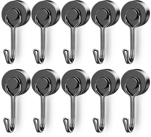 FINDMAG Magnethaken Extra Stark Schwarz 18 kg,10er Set Magnetische Haken mit Neodym Magnet, Drehbarer Magnet Haken für Spind Organizer, Werkstatt & Camping