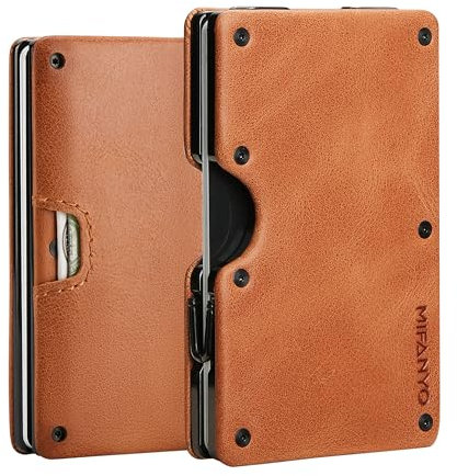 MIFANYO Geldbörse Herren, Leder und Metall Kartenetui Geldbeutel, Minimalistische Aluminiummetall Fronttasche Brieftaschen, Kleine RFID-Blocker Schlanke Kartenhalter für Männer, Braun