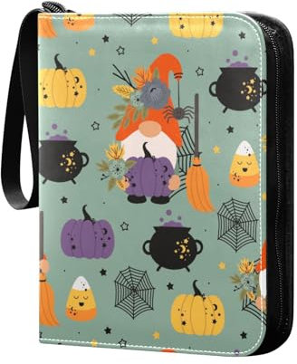 Halloween Zwerge Kürbisse Besen Sammelkartenalbum 4 Taschen Kartenordner 50 Seiten 400 Karten PU Reißverschluss Kartenbinder Aufbewahrungshalter für Sportspielkarte, Karten Aufbewahrung