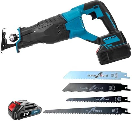 Sierra sable inalámbrica, 18 V Sierra de sable profesional con 1 × 3000 mAh baterías y cargador, 4 cuchillas, velocidades ajustables 0 – 3000 SPM, carrera de hoja 32 mm, grosor de aserrado 200 mm (1