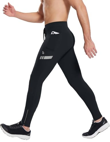 baleaf Men's Leggings Running Tights Thermal Cycling Pants Fleece Lined Compression Pockets Zipper Cold Weather Black M