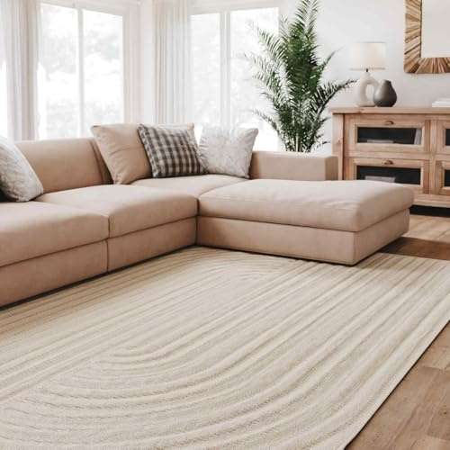 Interiyou Teppich Wohnzimmer Lecce - 300x400 cm Creme - Für Schlafzimmer, Esszimmer, Kinderzimmer - Kurzflorteppich skandinavisches Boho Muster - Hoch-Tief Effekt - Flach mit Geometrischem Muster