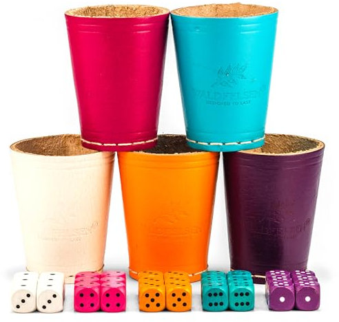 Waldfelsen® 5 Echtleder Würfelbecher (9 cm) mit 30 Holzwürfeln (16 mm) aus Buchenholz Lederbecher Würfelset Augenwürfel Spielwürfel (Farben: Weiß, Pink, Orange, Türkis & Lila)