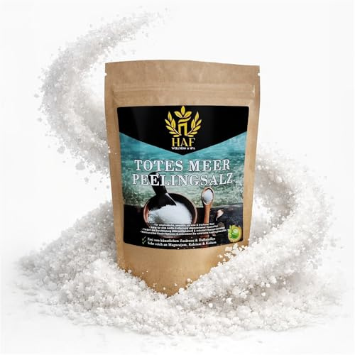 HAF – Döda havet skalningssalt (1 x 1 kg påse) – naturlig ren kroppsskrubb från Jordanien. För torr hud och ansikte kan användas i bastu, dusch eller ångbad, vegansk och utan tillsatser