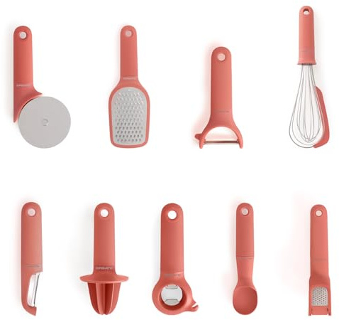 CREATE/Pack de 9 utensilios de cocina terracota/Pelador de fruta y verdura, cuchara para helado, batidor de mano, rallador, exprimidor, cortador de pizza, abridor, prensa para ajos