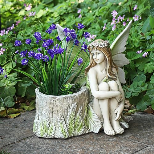 Pevfeciy Gartenfiguren & gartenstatuen Elfen Figuren mit Blumentopf Gartendeko für draußen Feen Figuren Licht Harz Mädchen Outdoor Villa Dekoration Geschenke für Frauen Mama,Grün,25x28cm