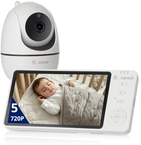 Jané Eye Pro babymonitor, babymonitor med roterande kamera, motoriserad lutning, 12,7 cm skärm (5 tum), tvåvägsljud, mörkerseende, lång räckvidd, med musik, energibesparande batteri