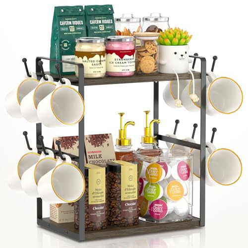 EsLuker.ly 2 Tier Tassenhalter und Tassenständer, Tassenregal für Kaffeetassen, Kaffee Organizer für Theke, Coffee Station Organizer with Mug Holder, Platzsparendes Kaffeebar Zubehör, Braun-Schwarz | 2-stöckiges Becherbaumregal für Küche, Büro, Aufbewahrungsregal mit 12 Haken, stilvolle Kaffee-Ecke, braun-schwarz