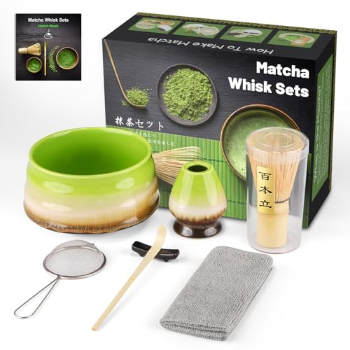 7PCS Matcha Kit Japanische Zeremonie, Bambuslöffel, Bambusschaufel, Peitschenhalter, Matcha-Set für die Teezeremonie, Getränk (Change Green)