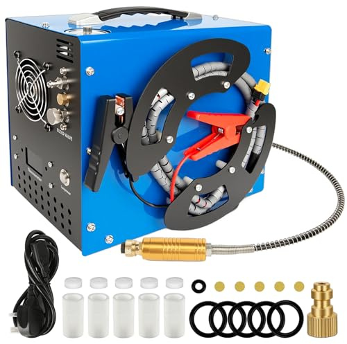PCP Air Compressor, 4500Psi/30Mpa, 350W Motor, Unique Vertical+Wire Spool Portable Design, Auto-Stop, Oil/Water-Free, 8MM Quick-Connector for Paintball/PCP Air Rifle/Tank, 110V AC or 12V Car Battery