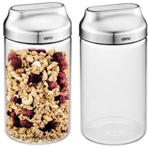 GEFU KIPPO 2er-Set Vorratsdosen 1000 ml - Glasdosen mit Kippdeckel | Borosilikatglas mit Silikondichtung - Aromadichter Vorratsbehälter für Mehl, Müsli & Zucker - Präziser Ausgießer