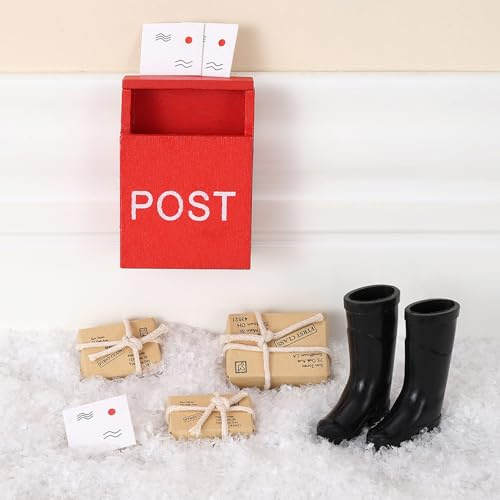 Festicy Wichtelpost Set 10-teilig mit Briefkasten und Briefen, Mini Paketen, Stiefel, Kunstschnee und Briefpapier I liebevolles Wichtel Zubehör für Puppenhaus und Wichteltür Weihnachten