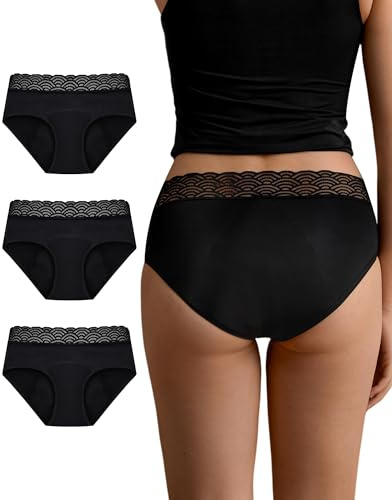 SHARICCA Periodenunterschwäsche Starke Blutung 60ml Niedrige Taille SaugfäHigkeit Perioden Weiche Unterwäsche mit Spitze Menstruationsunterwäsche Periodenslip(Schwarz-3P01-M)