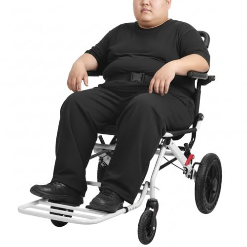 Fauteuil roulant de transport pliable, fauteuil roulant de voyage avec poignée télescopique, cadre en acier au carbone avec ceinture de sécurité et frein à main, chaise de mobilité, roues arrière de