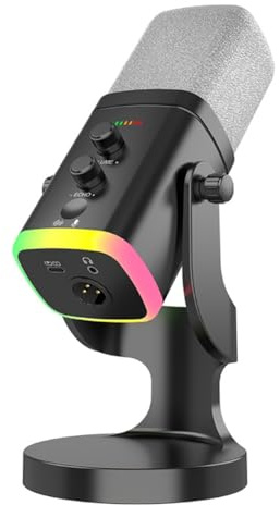 Harewtwy RVB Gaming Micro Dynamic USB/XLR Microphone Bruit Réduction, Muette de Casque pour Les Streamers pour Les Joueurs Podcast Streaming Black