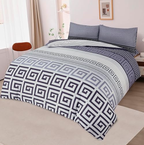 KNIGHTS BRIDGE Luxury 4 Piece Egyptian Cotton Bedding Set – Duvet Cover, Fitted Sheet & 2 Pillowcases – Hotel Quality – Geometric/Greek/Damask Patterns – Machine Washable (Double, Greek Grey)