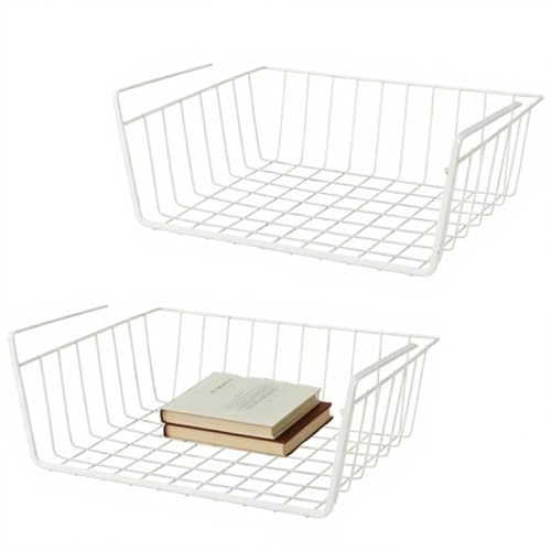 UQMIQURA 2 Stück Unterregal Aufbewahrungskorb, Hängekorb Metall Aufbewahrungskorb, hängekorb Regal Unter Schrank Hängekorb Metall Korb-Organizer Regaleinhängekorb für Küche, Bücherregal - Weiß