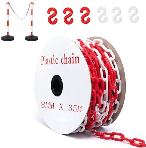 35m Absperrkette Rot Weiß Kunststoff, 8mm Absperrkette Warnkette Absperrung Plastikkette mit 6 S-Haken, Sicherheits-Warnkette aus Kunststoff für die Baustelle, Parkplatz und Auftragspflege