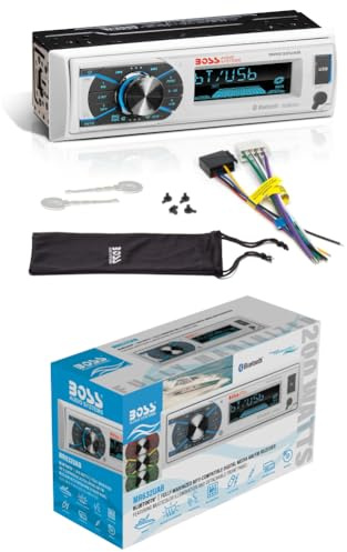 KIT SET FÖR BOSS AUDIO SYSTEMS MR632UAB, 1 Single-DIN bilradio, AM/FM-mottagare, stereo, AUX/USB/MP3, med Bluetooth, vattentät, för båtar, bilar, vit, 1 st + gratis borttagningsnycklar