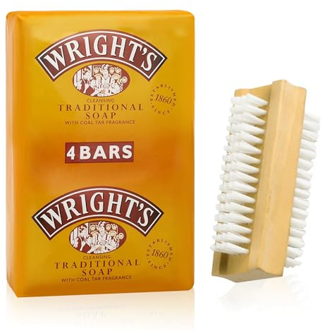Wrights Traditional Coal Tar Soap 125g Pack of 4 with Nail Brush – Deep Cleansing Soap for Hands and Nails