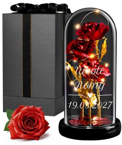 Maverton Rose Eternelle sous Cloche LED avec Gravure, Rose Immortelle Rouge | Avec Lumière Chaude LED, Idee Cadeau Couple, Cadeau Personnalisé Amour pour Amis Saint-Valentin Mariage, prénoms et date