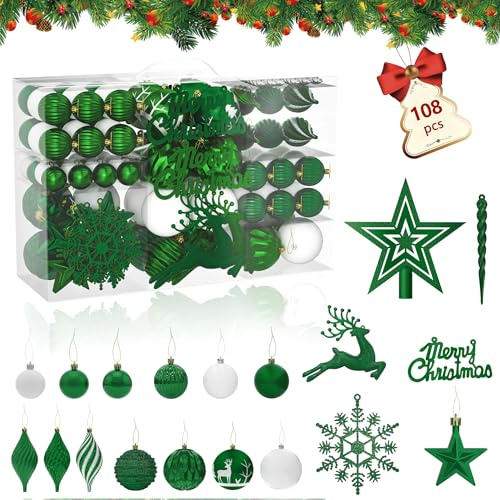 SUBTLETY Weihnachtskugeln Kunststoff 108 Stück Christbaumkugeln mit Hängeseil, Plastik Weihnachtsschmuck inkl. Baumspitze Stern, Bälle, Briefe, Hirsche, Schneeflocken für Weihnachten Deko (Grün)