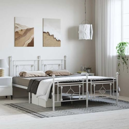 QJBSAVVA 150x200 Stahl Bettgestell weiß, Metallrahmen mit Lattenrost & 26 cm Stauraum, Doppelbett ohne Matratze