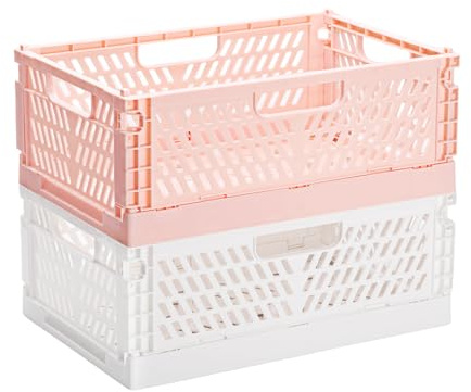 PIANKEKE 2 Stück Klappkisten, Plastik Klappboxen Faltbar Stabil, Faltbare Aufbewahrungskorb, Kunststoff Klappkorb Faltbare Box für Bad Schrank Küche Organizer(30,5x20x11,5 cm, Weiß/Rosa)