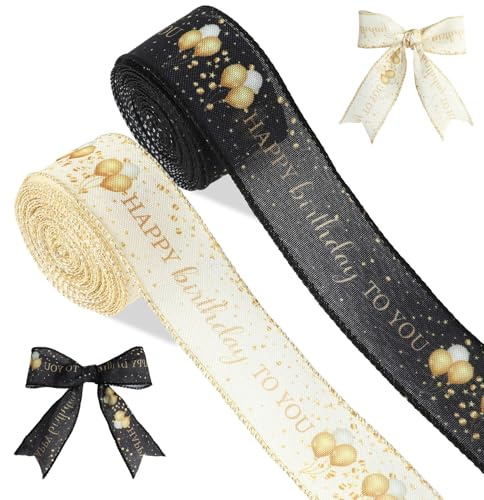 40mm x 9m Geburtstagsband Schwarz Weiss Dekoband Happy Birthday Schleifenband Schwarz und Weiss Drahtrand Dekoband für Geschenkverpackung Kuchen Blumenstrauß Party Deko Geburtstag Handwerk