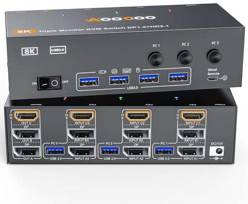 Switch KVM 3 PC 3 monitor 4K @ 144Hz/8K @ 60Hz, Triple Monitor HDMI DP KVM Switch con telecomando cablato, alimentatore di rete e cavo USB 3.0