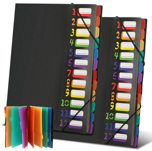 2 Stück Dokumentenmappe A4, Tragbar Fächermappe mit 12 Fächern, Mappe Organizer mit Gummizug, Ordnungsmappe mit Register für Büro Dokumente, Schule Hausaufgaben und Papier