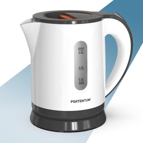 PORTENTUM Hervidor agua electrico 0,8 L con base giratoria de 360° – Mini Electric kettle de 1100 W – Filtro antical extraíble – Indicador de nivel – Apagado automático de seguridad.