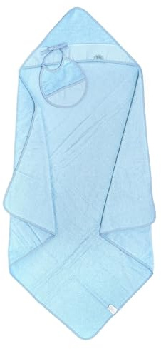 Ti TIN Confezione Asciugamano Bimbo con Cappuccio + Bavaglino Punto Croce | 100% Cotone con Tocco Molto Morbido, Colore Azzurro, 100x100 cm