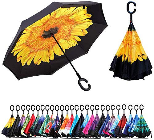 NNY Inc Double Layer Inverted Umbrella Cars Reverse Open Folding Umbrellas, Windproof UV Protection Large Self Stand Upside Down Straight Umbrella for Golf Women and Men with C-Shaped (Sunflower)