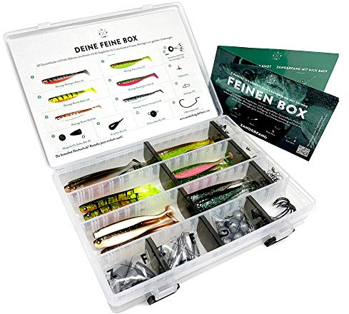 Zanderfang Finesse Box 95-teilig – Angelset für Zander & Barsch | Cheburashka • Carolina Rig • Texas Rig • Drop Shot • Kick Back • 30 Gummifische 9,5 cm