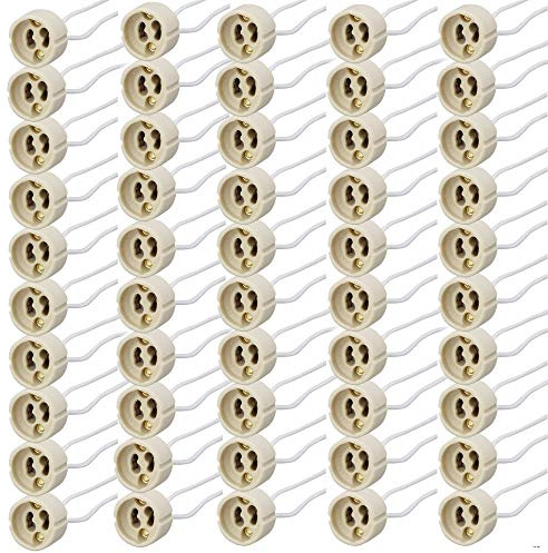 PACK X 50 Portalámparas casquillos GU10 para bombillas halogenas hasta 100W y bombilla led, zócalo de cerámica con cable de silicona 150mm de alta resistencia.