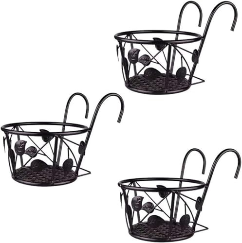 Yeehliny Blumentopfhalter Hohle Blumentopfhalter Pflanzen Blumenregal aus Eisen Hängeländer Pflanzgefäße Topfbügel Runde Pflanzkörbe Blumenständer Regal für Außenzaun Balkon Geländer 3PCS (03#/Black)
