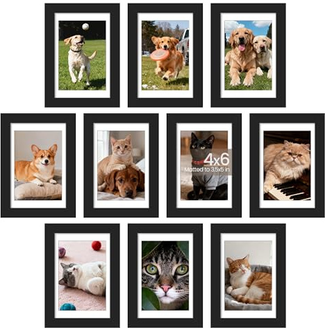 upsimples 4x6 Picture Frame Set of 10, Display Pictures 3.5x5 with Mat or 4x6 Without, Multi Photo Frames Collage for Wall or Tabletop Display, Black