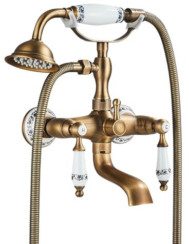 TVTIUO Rubinetto Vasca Bagno con doccetta,Antico Vintage Rubinetto a Parete per Doccia Set Doccia Soffione con 2 Manopole Porcellana blu e bianca, Supporto E Flessibile 1.5M,Bronzato