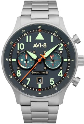 AVI-8 Herren 43.5mm Hawker Hurricane Carey Dual Time Gutersloh Japanische Quarz Fliegeruhr mit Edelstahlarmband AV-4088-22