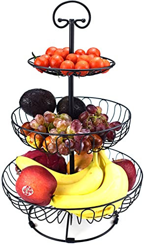 Azatemgo Cesta de Frutas Metal - Elegante Soporte 3 Niveles, Capacidad Extra, Fruteros Modernos de Cocina, Negro 30 x 45 cm