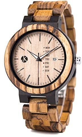 Kim Johanson Herren Holz-Edelstahl Armbanduhr *Light Week* mit Datum- & Tagesanzeige Handgefertigt Quarz Analog Uhr Vegan inkl. Geschenkbox