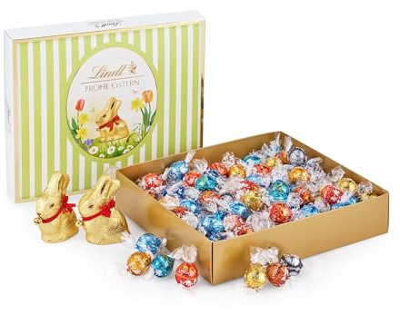 Lindt Schokolade LINDOR Oster Mischpaket |1,2 kg| 2 GOLDHASEN Vollmilch und 8 LINDOR Sorten:Milch, Noisette, Feinherb, Weiß, Dark 60%, Caramel, Salted Caramel, Stracciatella|Osterschokolade|Osterhase