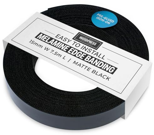 WoodPress® 15mm Mattschwarz Melamin-Kantenumleimer zum Aufbügeln 7,5m | Kantenumleimer mit Schmelzkleber, flexible Bügelkante für schnelle Möbelreparatur sowie Schrank- und Regalkanten
