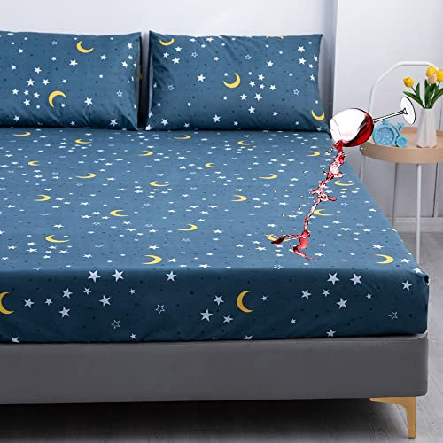 Chickwin Wasserdichtem Spannbetttuch Mikrofaser Spannbettlaken Rutschfestem Weiche Bettlaken Bis 25cm Hohe Matratzen in Vielen Größen (Stern Mond,90x200x25cm)