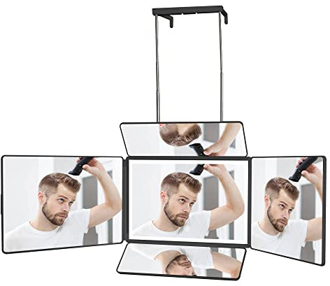 BTSAE 360 Mirror Self Cut,5 Wegespiegel für Haarschneide,360 ° Friseurspiegel,Kosmetikspiegel mit Led Licht,mit Touchschalter,Selbstschneiden der Haare mit HöHenverstellbaren Teleskophaken