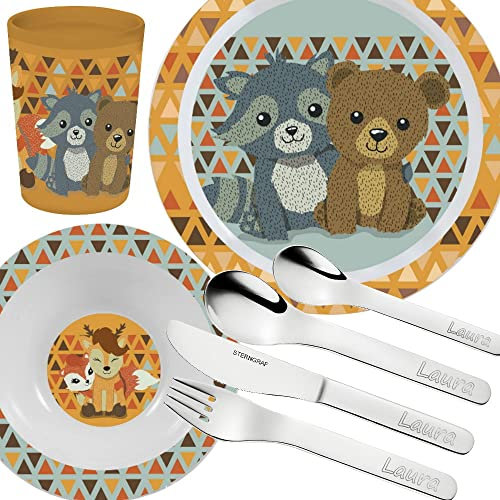 Kinderset Waldfreunde 7tlg. mit Gravur (z.B. Namen) personalisiertes Kinderbesteck + Kindergeschirr (Teller, Schale, Becher)